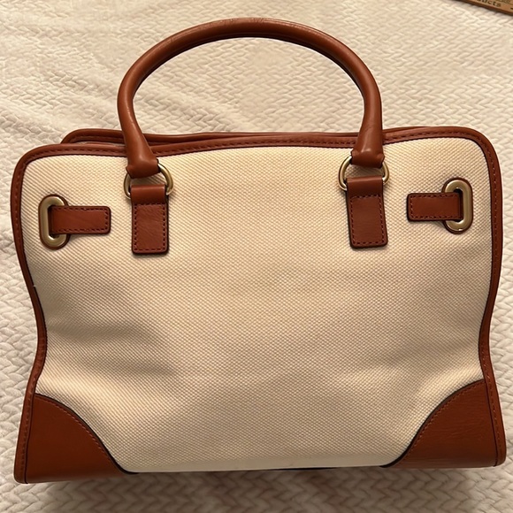 Michael Kors Hamilton Bag Large Blue Stripe Satchel Creme Leather Trim - Picture 5 of 13